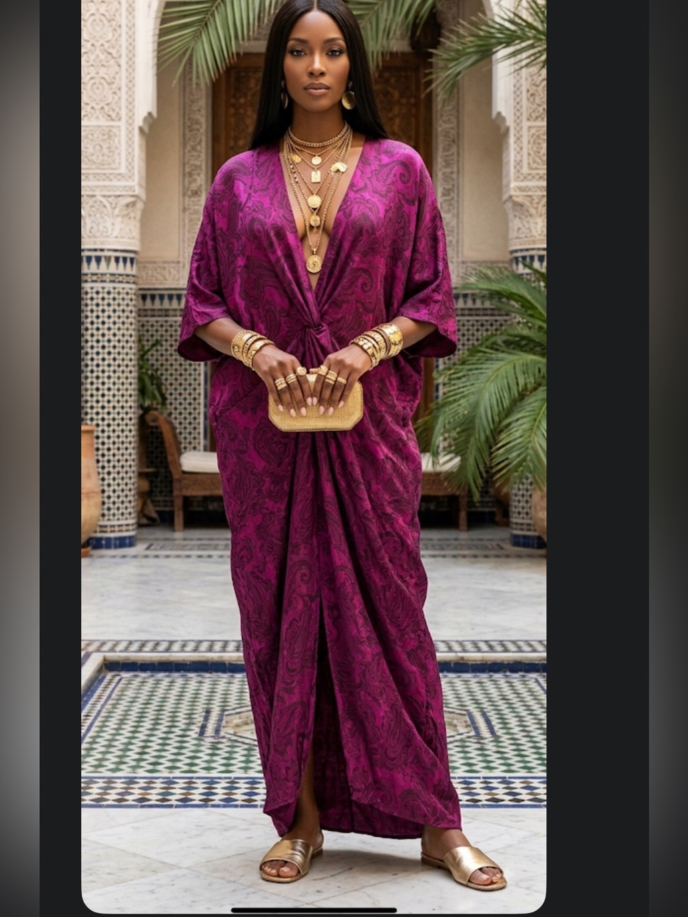 STEPHAN JANSON Cabana Magazine Purple Paisley Silk Kaftan Maxi Dress M